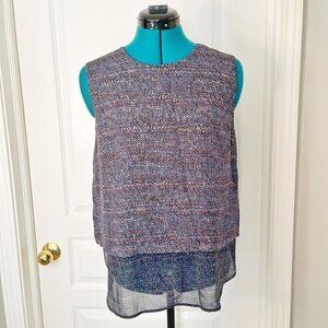 Theory Multi Color Print Sleeveless Lightweight 100% Silk Tiered Flowy Blouse